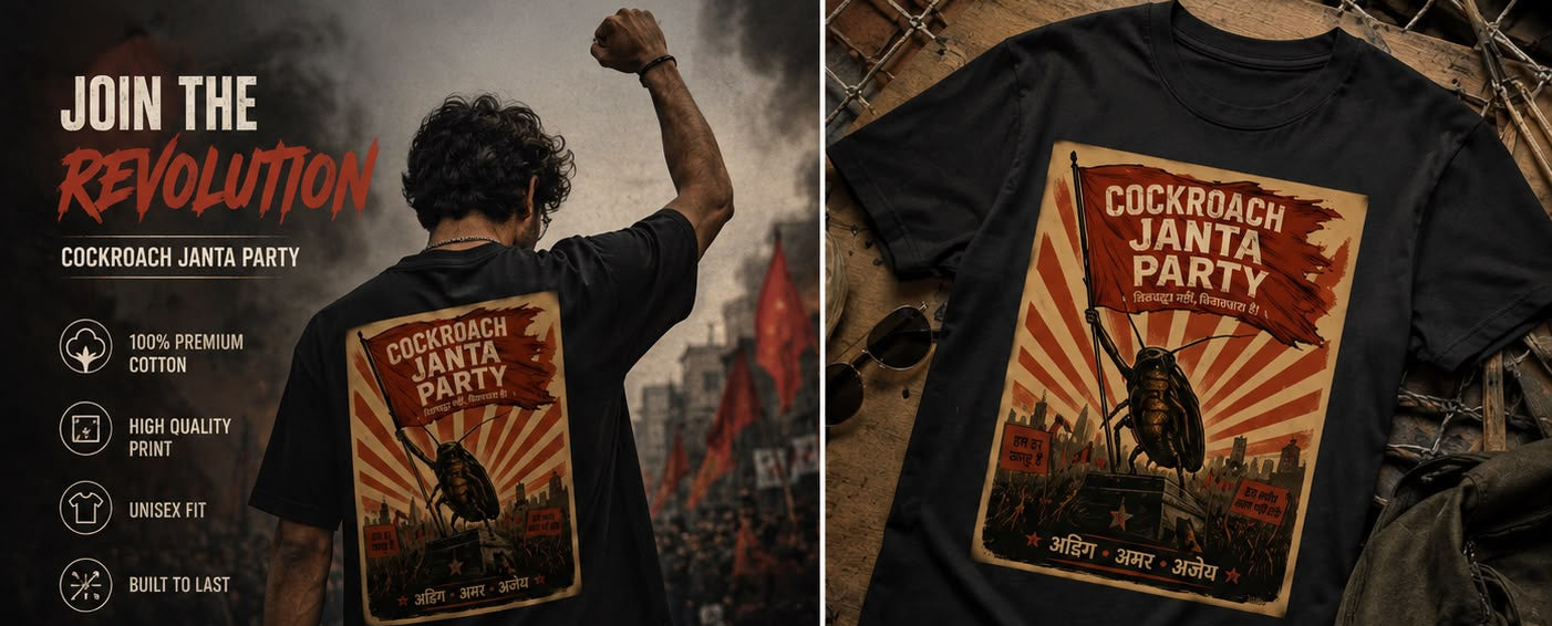 T-shirt with 'Cockroach Janta Party' design and promotional text.